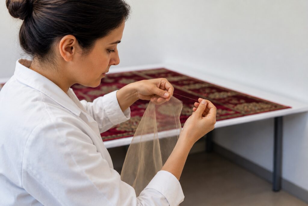 Une femme en train de restaurer du tissus fin.